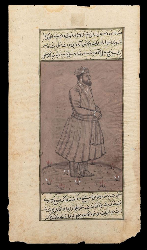 Pagina miniata con preghiere e figura maschile in abiti orientali, Turchia, XIX secolo