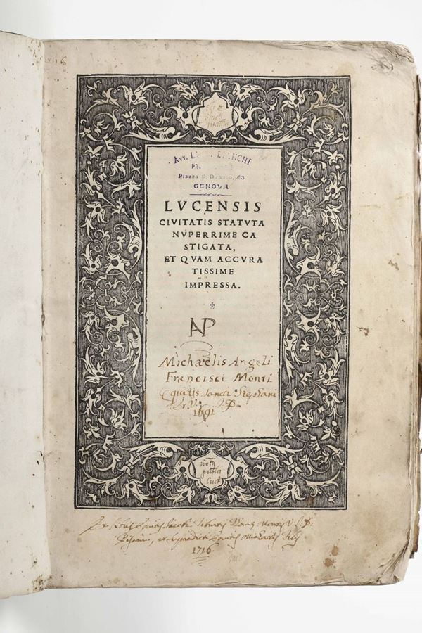 Statuti - Lucca Lucensis civitatis statuta nuperrime castigata, et quam accuratissime impressa...Lucca,Ioannen Baptista Phaellus Bononiensis, 1539.