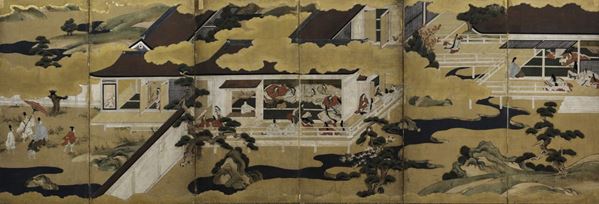 Paravento a sei ante raffigurante scena di vita comune su fondo oro, Giappone, periodo Edo (1603-1868)