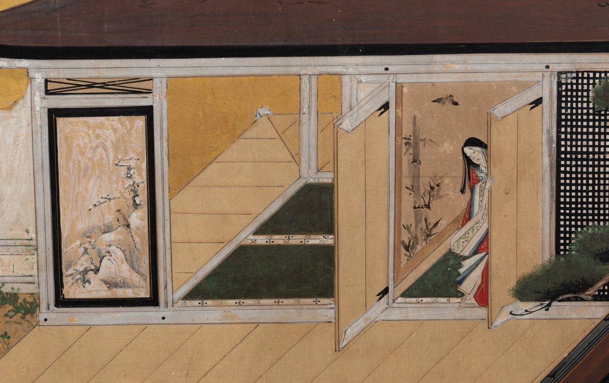 Paravento a Sei Ante Raffigurante Scena di Vita Comune su Fondo Oro, Giappone, Periodo Edo (1603-...