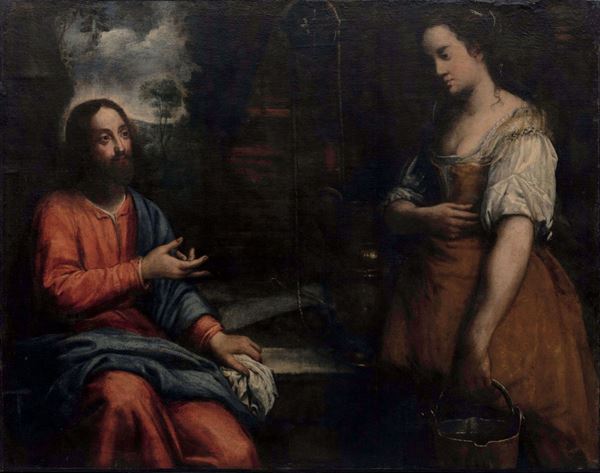 Scuola genovese del XVII secolo Cristo e la samaritana al pozzo