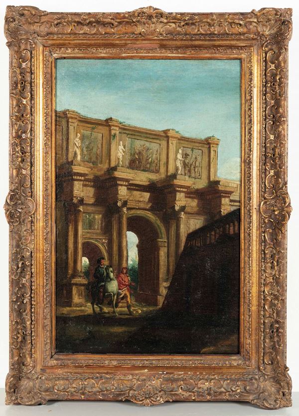 Scuola del XVIII secolo Paesaggio con figure e architetture classiche