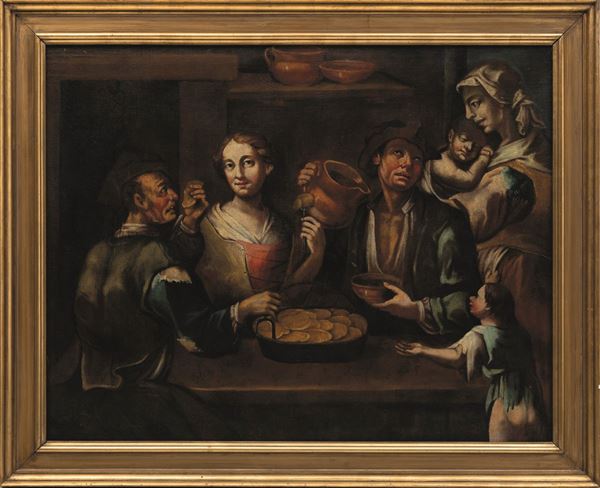 Giacomo Francesco Cipper detto il Todeschini (documentato dal 1705 al 1736), attribuito a Interno di cucina con contadini