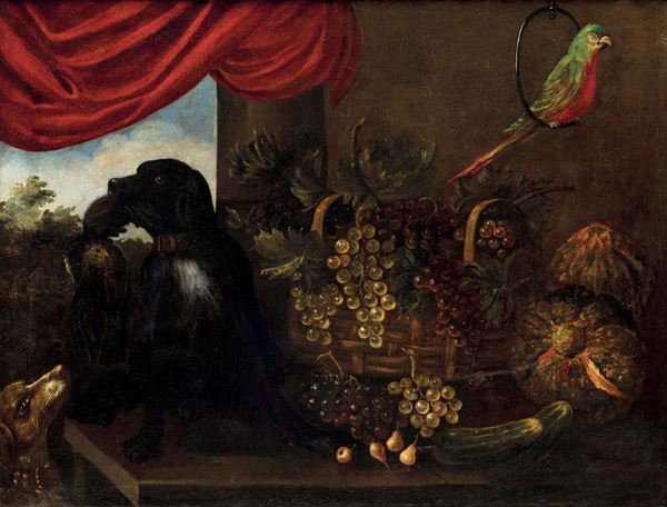 Bartolomeo Arbotori (Piacenza 1594-1676) Natura morta con cagnolino e pappagallo 
