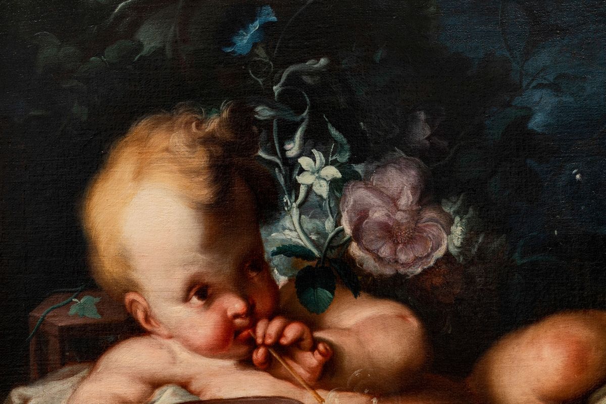 Ignazio Stern (mauerkirchen 1679 - Roma 1748) Vanitas con Putto e Bolle di Sapone