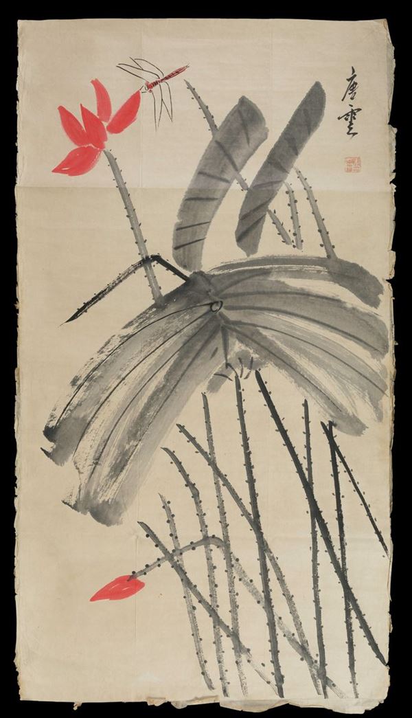 Dipinto su carta a soggetto naturalistico con libellula e iscrizione, Cina, XX secolo
