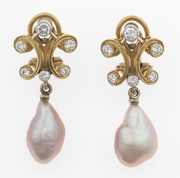 Pair of diamond and pearl earrings. Signed Enrico Cirio