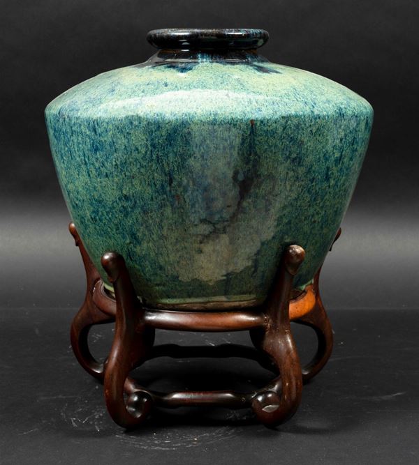 Vaso in porcellana flambÃ¨ sui toni dell'azzurro e del marrone, Cina, Dinastia Qing, XIX secolo