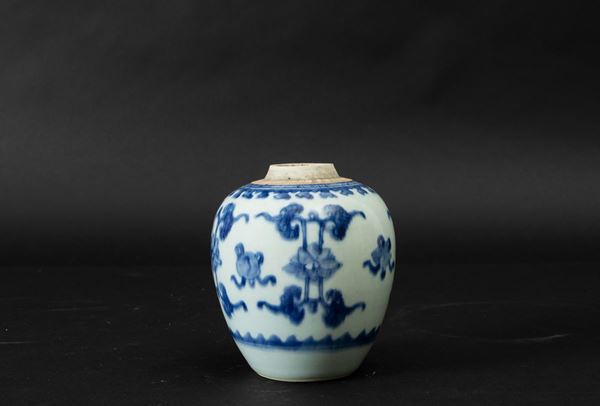 Piccola Ginger Jar in porcellana bianca e blu con decori naturalistici, Cina, Dinastia Qing, epoca Shunzhi (1644-1661)