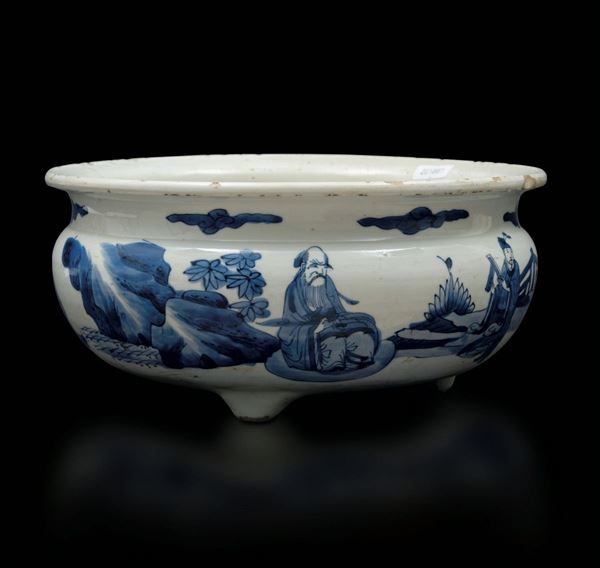 Vaso globulare in porcellana bianca e blu con raffigurazioni di saggi entro paesaggio, Cina, Dinastia Qing, epoca Kangxi (1662-1722)