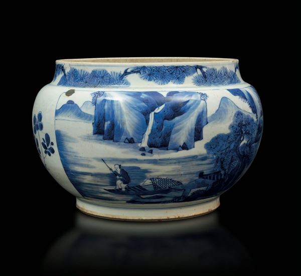 Vaso globulare in porcellana bianca e blu con raffigurazioni di scene di vita comune entro riserve e decori floreali, Cina, Dinastia Qing, epoca Kangxi (1662-1722)