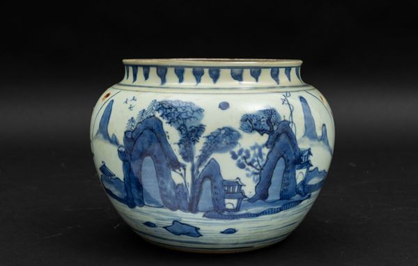 Vaso globulare in porcellana bianca e blu con paesaggio e pagode, Cina, Dinastia Qing, epoca Shunzhi (1644-1661)