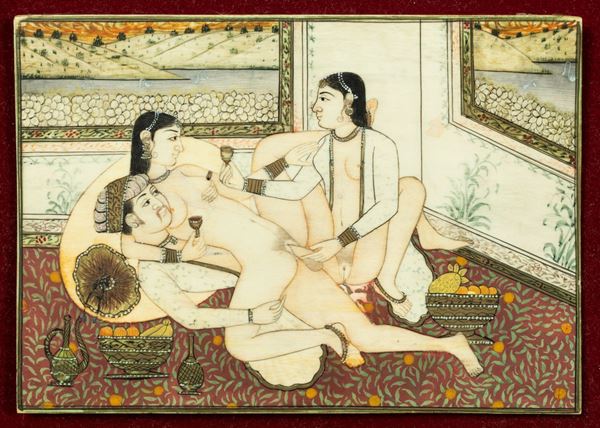Dipinto su avorio raffigurante scena erotica, India, XIX secolo