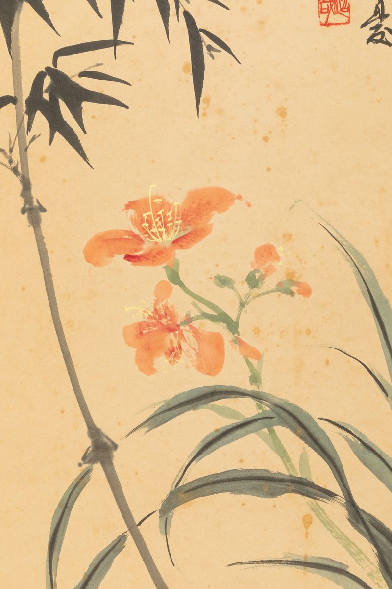 Dipinto su Carta Raffigurante Canne di Bambã¹ con Fiori e Iscrizione, Cina, XX Secolo