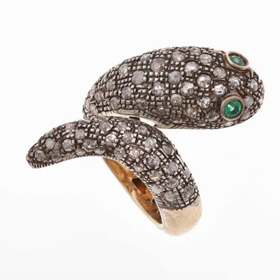 Anello Serpente con Rosette di Diamante e Smeraldi