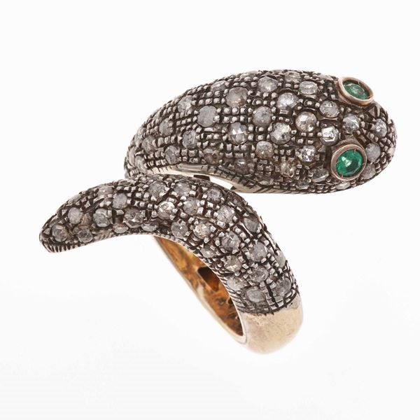 Anello serpente con rosette di diamante e smeraldi