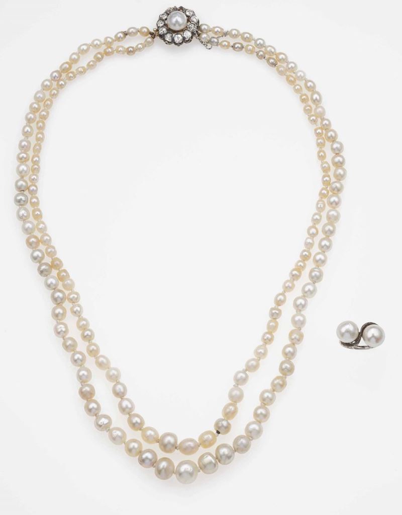 Natural pearl necklace and cultured pearl ring  - Auction Fine and Coral Jewels - Cambi Casa d'Aste