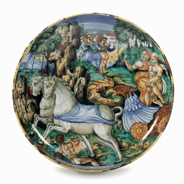Coppa Casteldurante, bottega di Ludovico e Angelo Picchi, pittore del servizio “Sapiens” (Andrea da Negroponte), 1550-55 ca.