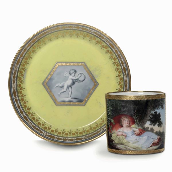 Una tazza e un piattino Vienna, Manifattura Imperiale, periodo Sorgenthal, 1800-1805 Pittura della tazza di Leopold Lieb