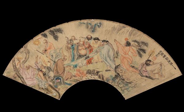 Ventaglio dipinto su carta raffigurante personaggi che esaminano uno scroll e iscrizione, Cina, Dinastia Qing, XIX secolo