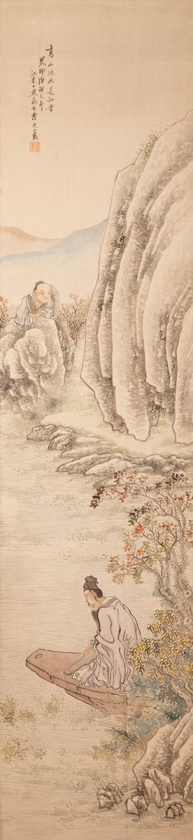 Dipinto su seta raffigurante scena di vita comune entro paesaggio e iscrizione, Cina, Repubblica, XX secolo