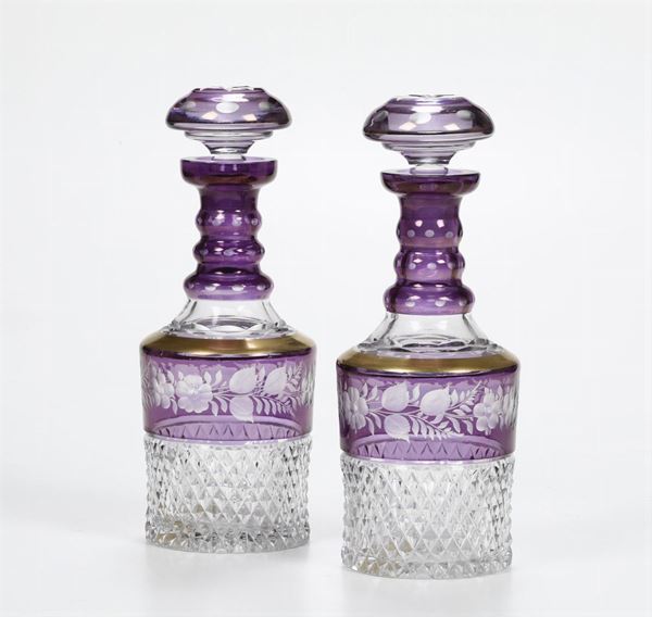 Coppia di bottiglie in cristallo con fascia viola e oro