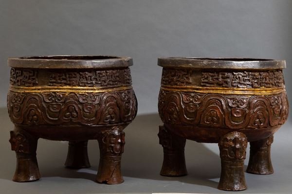 Two lacquered iron censers, China, Qing Dynasty