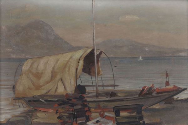 Mario Broggi (1890-1952) Barca da pesca sul Lago Maggiore, 1935