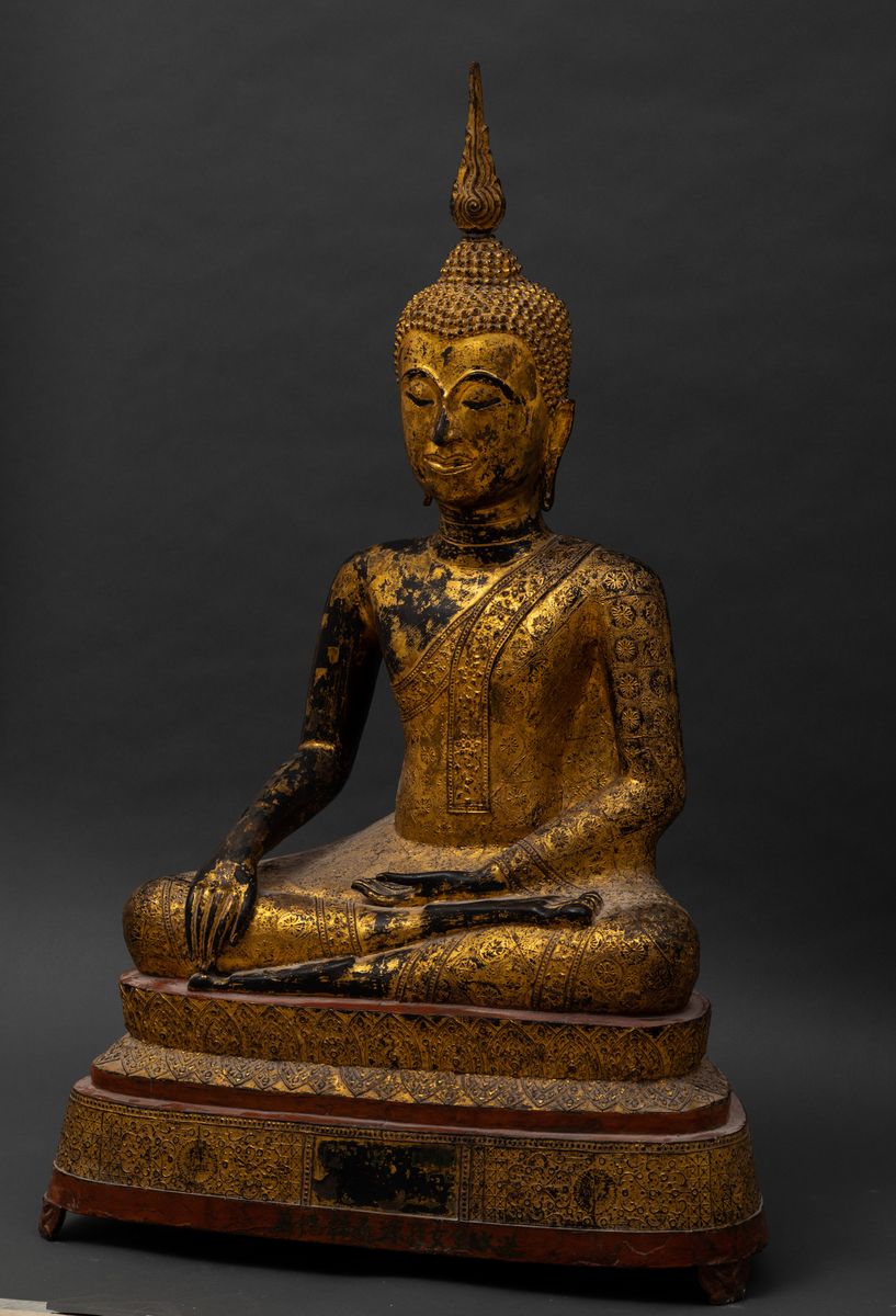 Grande Buddha Sakyamuni Seduto su Doppio Fiore di Loto in Bronzo Dorato, Thailandia, Inizio XIX S...