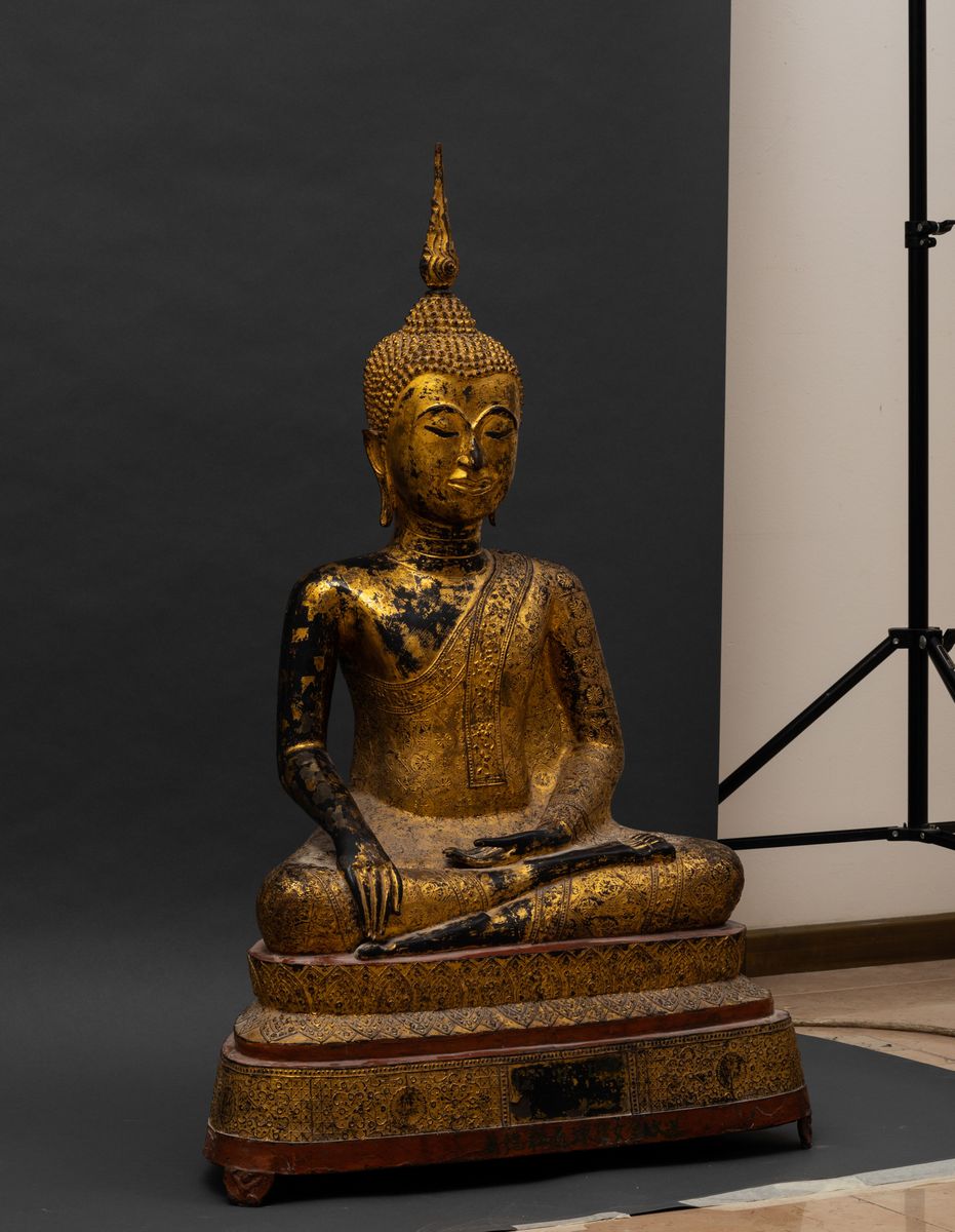 Grande Buddha Sakyamuni Seduto su Doppio Fiore di Loto in Bronzo Dorato, Thailandia, Inizio XIX S...