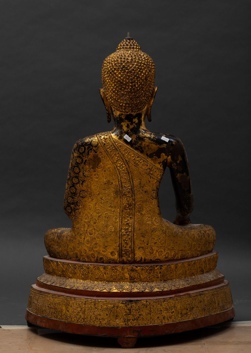 Grande Buddha Sakyamuni Seduto su Doppio Fiore di Loto in Bronzo Dorato, Thailandia, Inizio XIX S...