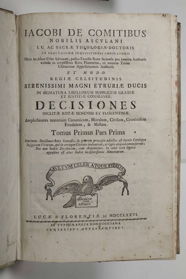 De Comitibus Jacobi Decisiones inclitae rotae senensis et florentinae...Tomo I parte prima e seconda e tomo I parte prima...Lucca e Firenze, ex typographia Bonducciana, 1776.