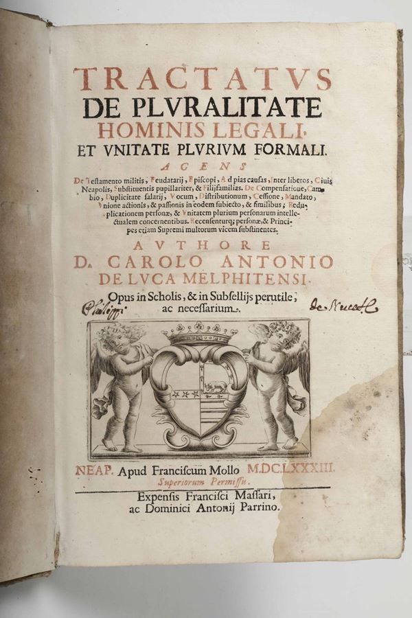 De Luca, Carlo Antonio Tractatus pluralitate hominis legali et unitate plurium formali... Napoli, Franciscus Mollo, 1683.