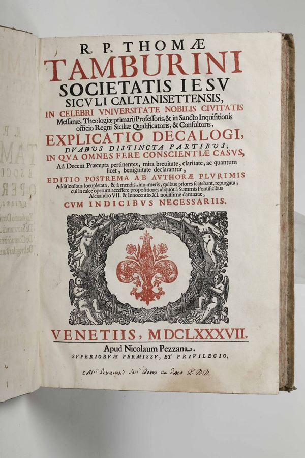 Tamburino, Tommaso Explicatio decalogi, duabus distincta partibus, in qua omnes fere coscientiae casus...Venetiis, Apud Nicolaum Pezzana, 1687.