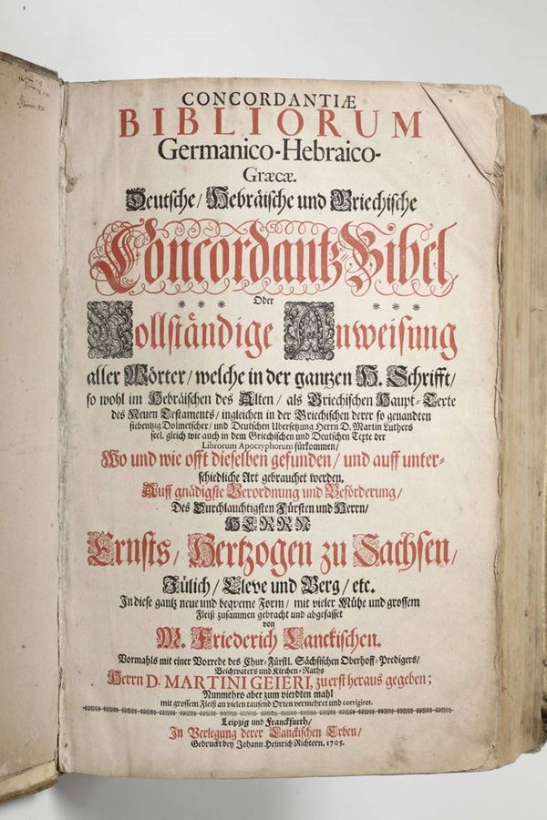 Lanckisch, Friederich. Concordantiae bibliorum Germanico-Hebraico-Graecae,Leipzig und Francfurth, Johann Heinrich Richtern, 1705.