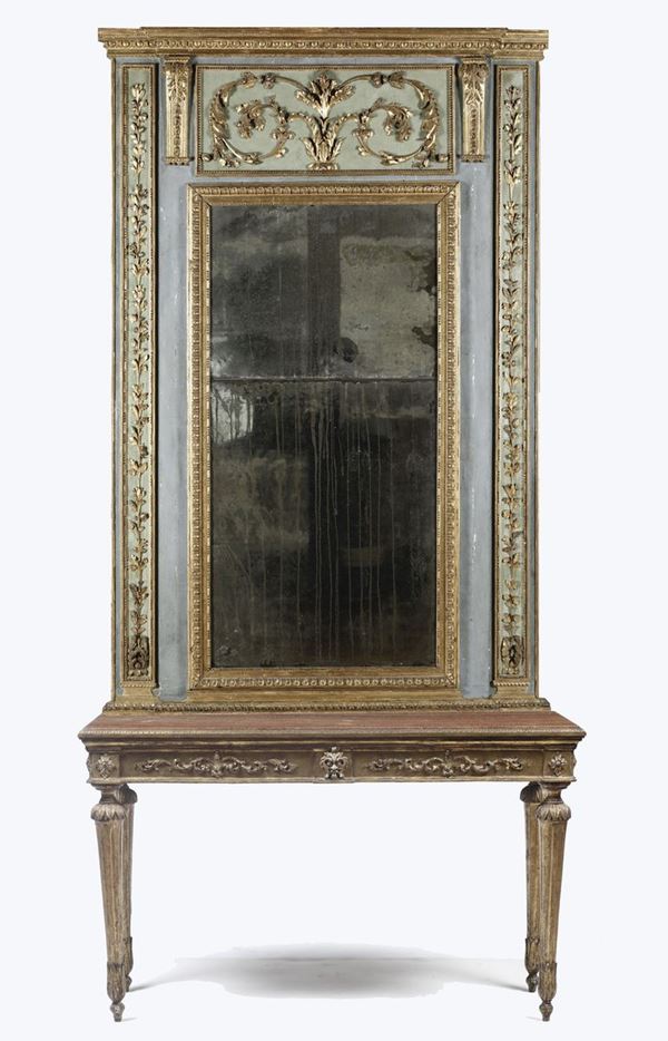 Consolle Luigi XVI in legno intagliato, dorato e dipinto, con specchiera non pertinente ma antica, XVIII  [..]