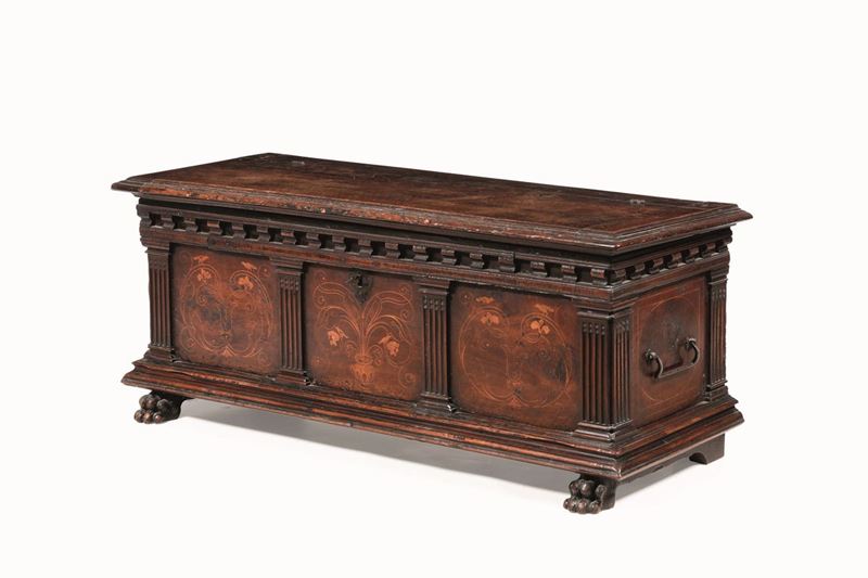 Cassapanca in legno intarsiato e filettato, XVIII secolo  - Auction Antiques - Time Auction - Cambi Casa d'Aste