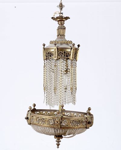 Lampadario in Bronzo Dorato e Cristalli, XIX Secolo