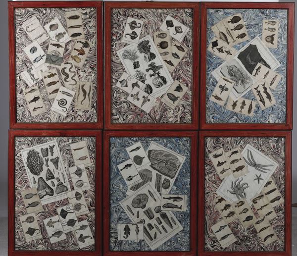 Sei collages su uno sfondo di carta marmorizzata, decorata a mano, utilizzando stampe tratte da edizioni dei secoli XVIII e XIX