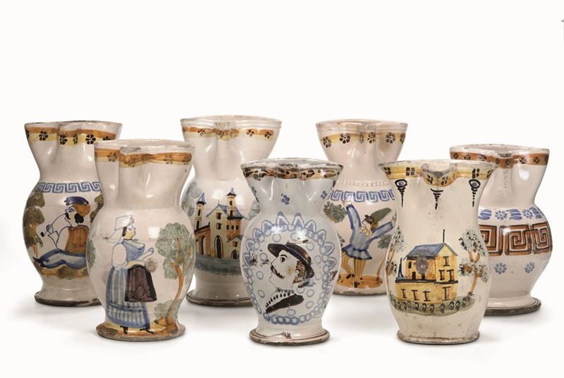 Sette boccali Puglia, Grottaglie, XIX secolo  - Auction Majolica and Porcelain - Cambi Casa d'Aste