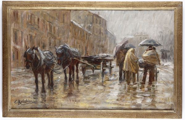 Carlo Balestrini - Carlo Balestrini (1868-1922) Viale con cavalli e calesse