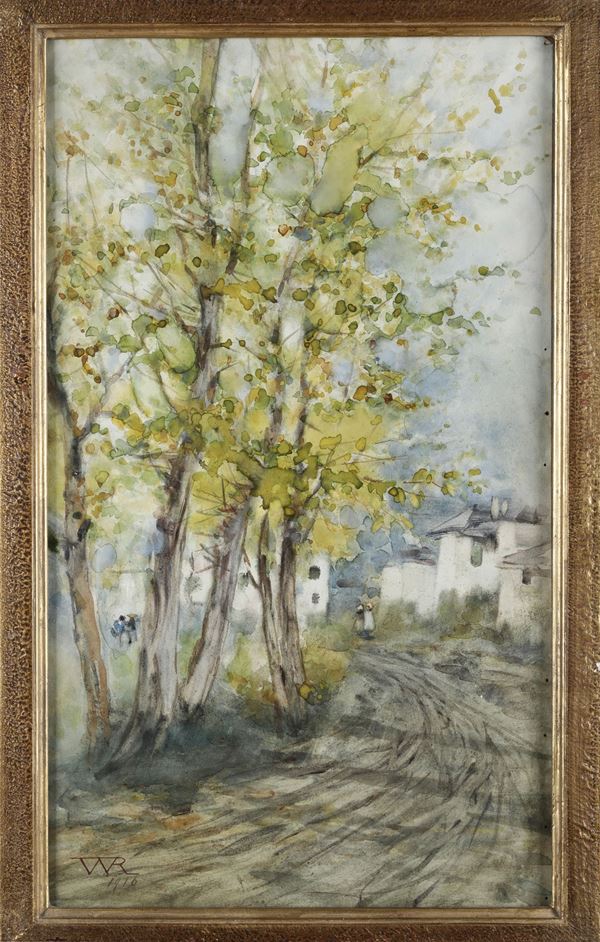 Pittore del XX secolo Viale alberato con figure