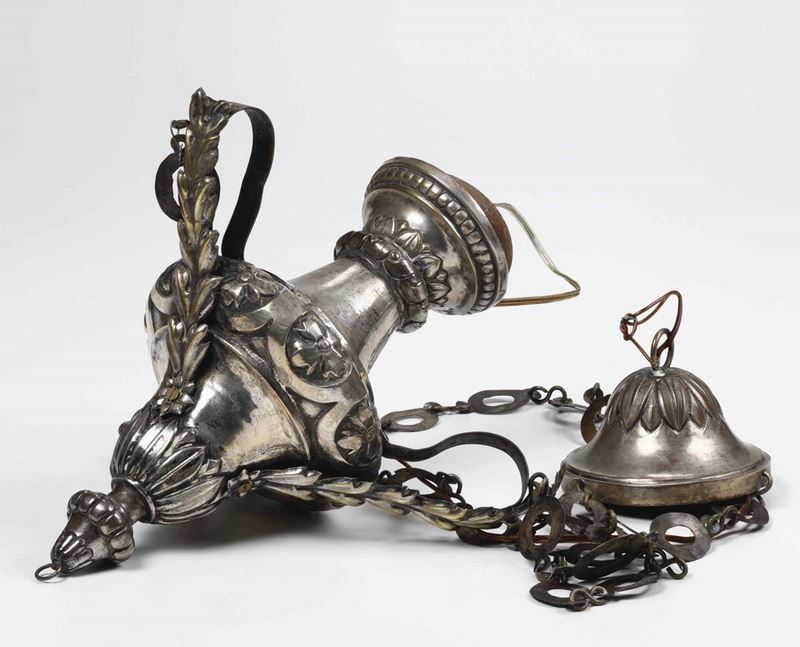 Lampada votiva in rame argentato, XIX secolo  - Auction Antiques III - Timed Auction - Cambi Casa d'Aste