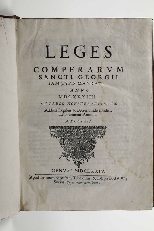 San Giorgio - leggi delle compere Leges comperarum Sancti Georgii...Genuae, Tiboldum & Bottarium, 1674.