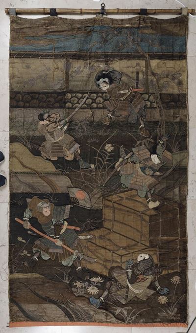 Tessuto in Seta Ricamato Raffigurante Scontro tra Samurai, Giappone, Periodo Meiji (1868-1912)