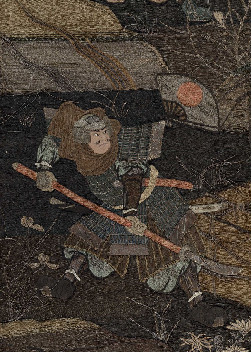 Tessuto in Seta Ricamato Raffigurante Scontro tra Samurai, Giappone, Periodo Meiji (1868-1912)
