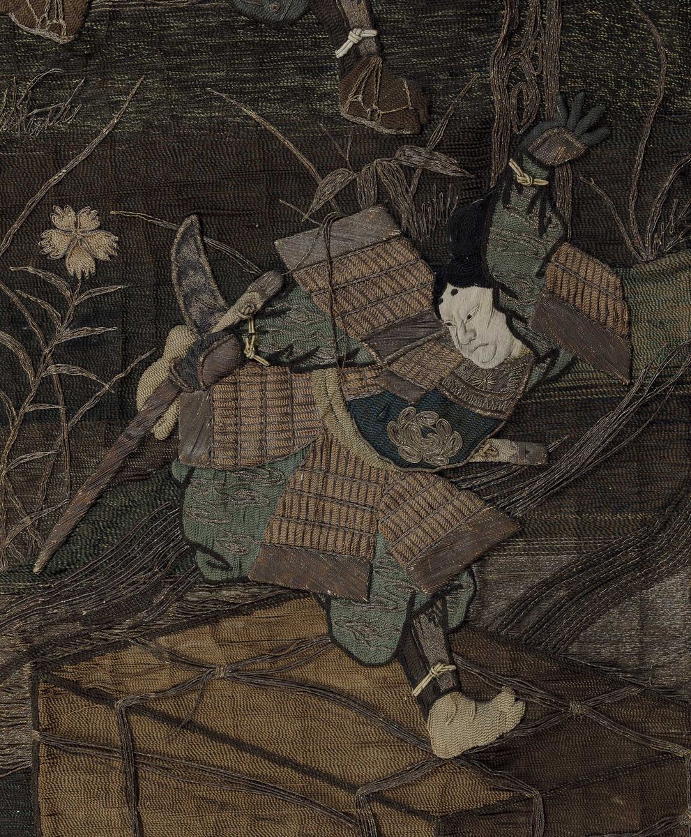Tessuto in Seta Ricamato Raffigurante Scontro tra Samurai, Giappone, Periodo Meiji (1868-1912)