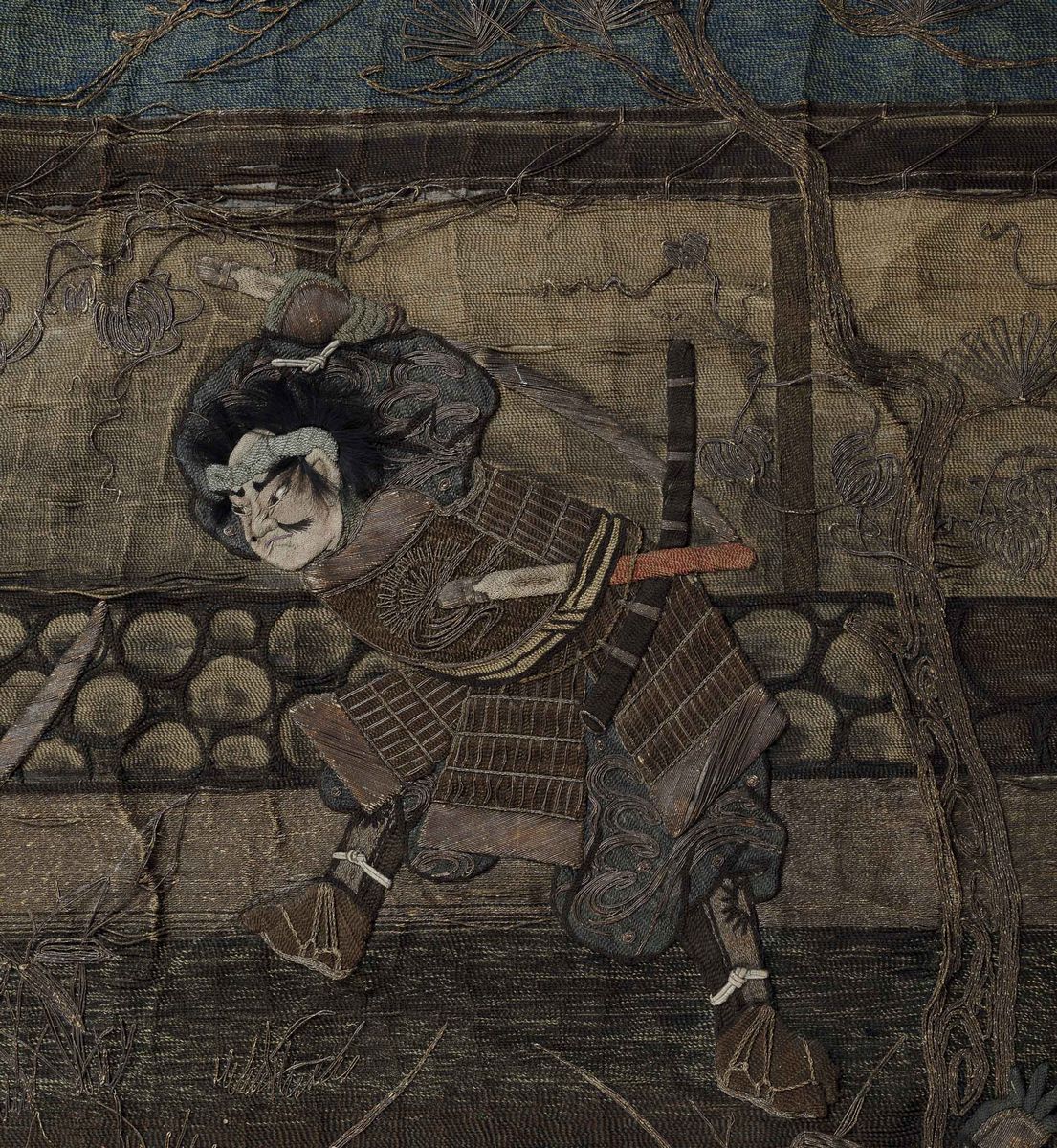 Tessuto in Seta Ricamato Raffigurante Scontro tra Samurai, Giappone, Periodo Meiji (1868-1912)