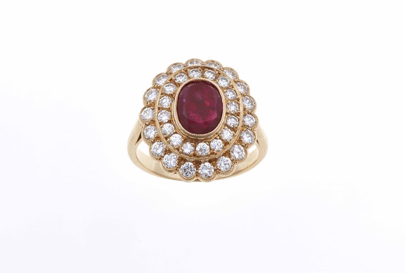 Anello con rubino birmano di ct 1.61 circa e diamanti a contorno  - Auction Jewels - Time Auction - Cambi Casa d'Aste