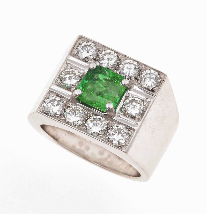 Anello con smeraldo e diamanti taglio brillante  - Auction Jewels - Timed Auction - Cambi Casa d'Aste